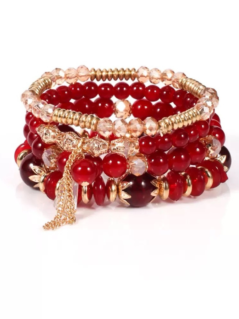 Red Beaded Gold-Accent Stackable Bracelet Set